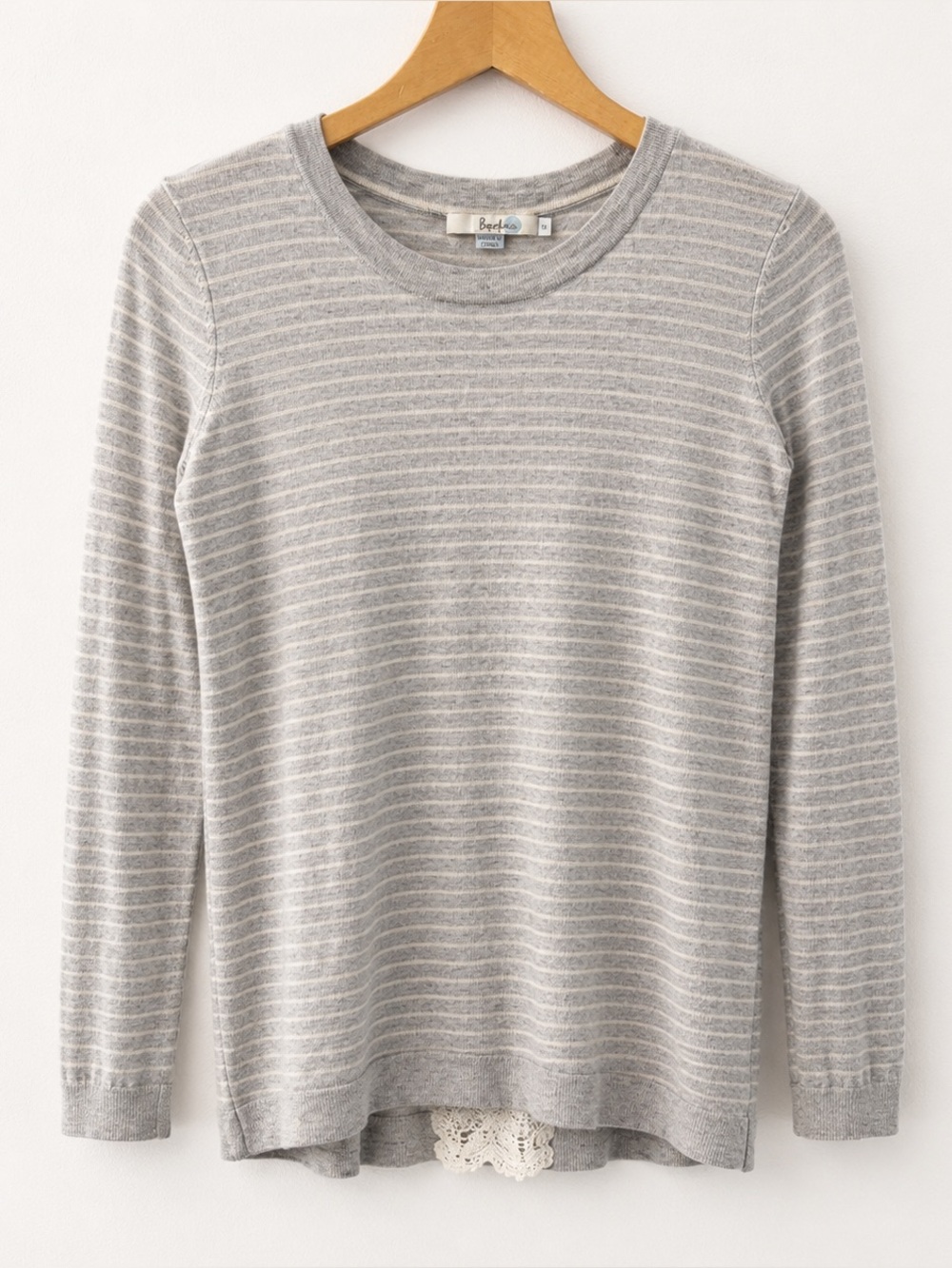 Boden Gray Stripe Split Back Lace Sweater Small Open Back Knit Top